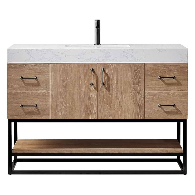 Ithica White Oak 48" Single Vanity and Black Hardware with Atlantic Stone Top