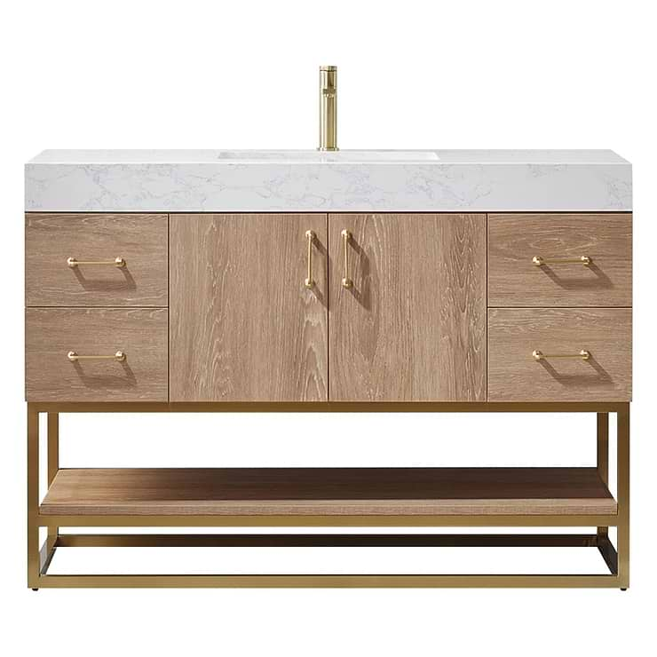 Ithica White Oak 48" Single Vanity and Gold Hardware with Atlantic Stone Top