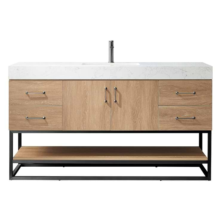 Ithica White Oak 60" Single Vanity and Black Hardware with Atlantic Stone Top