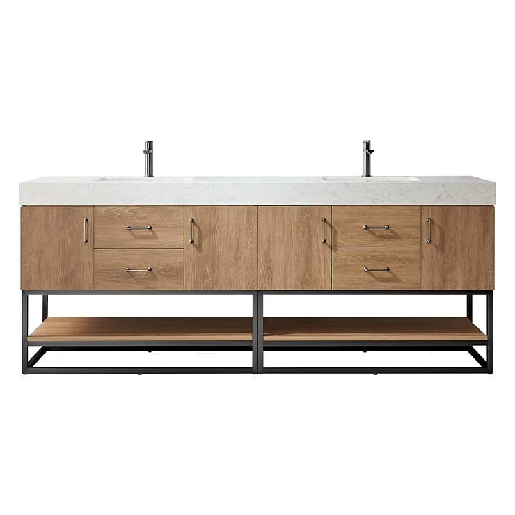 Ithica White Oak 84" Double Vanity and Black Hardware with Atlantic Stone Top