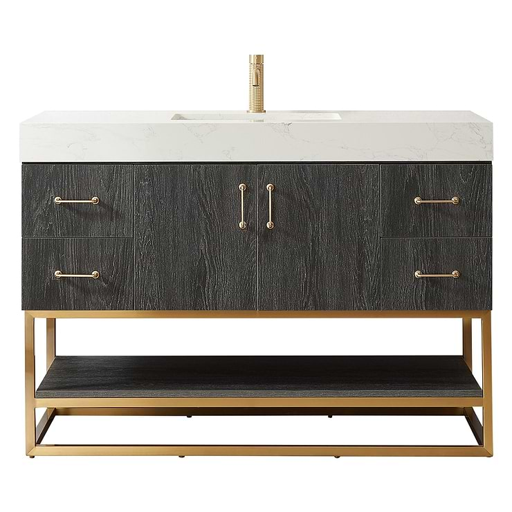 Ithica Black Oak 48" Single Vanity and Gold Hardware with Atlantic Stone Top