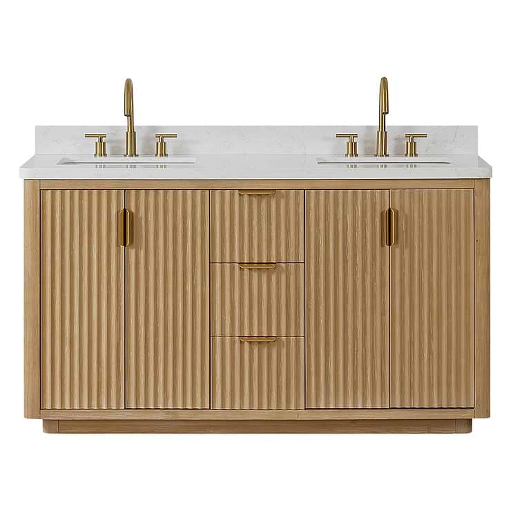 Solara Blonde Oak 60" Double Vanity with Bianco White Stone Top