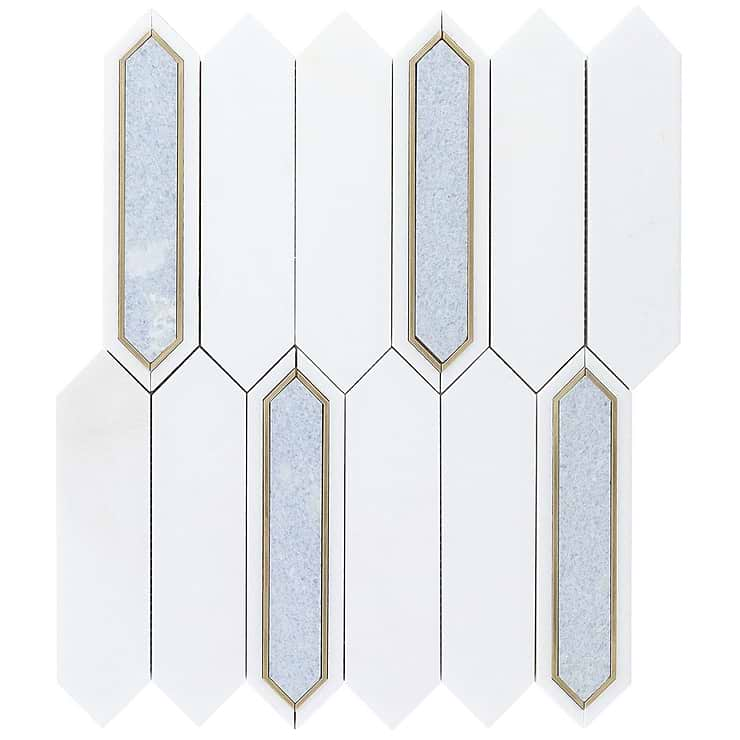 Zeus Blue Celeste 2x8 Picket Polished Marble and Brass Waterjet Mosaic Tile