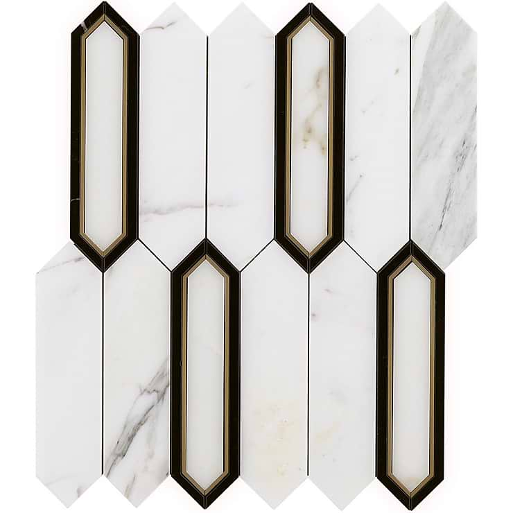 Zeus White Calacatta 2x8 Picket Polished Marble and Brass Waterjet Mosaic Tile