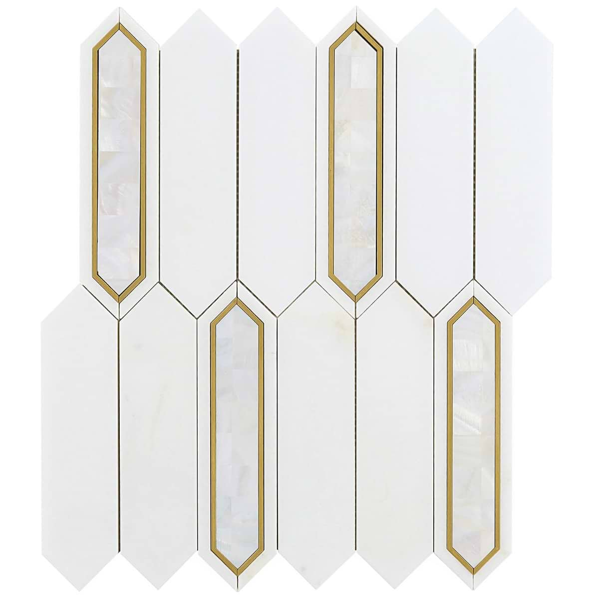 Zeus White Pearl 2x8 Picket Polished Marble- Pearl and Brass Waterjet Mosaic Tile