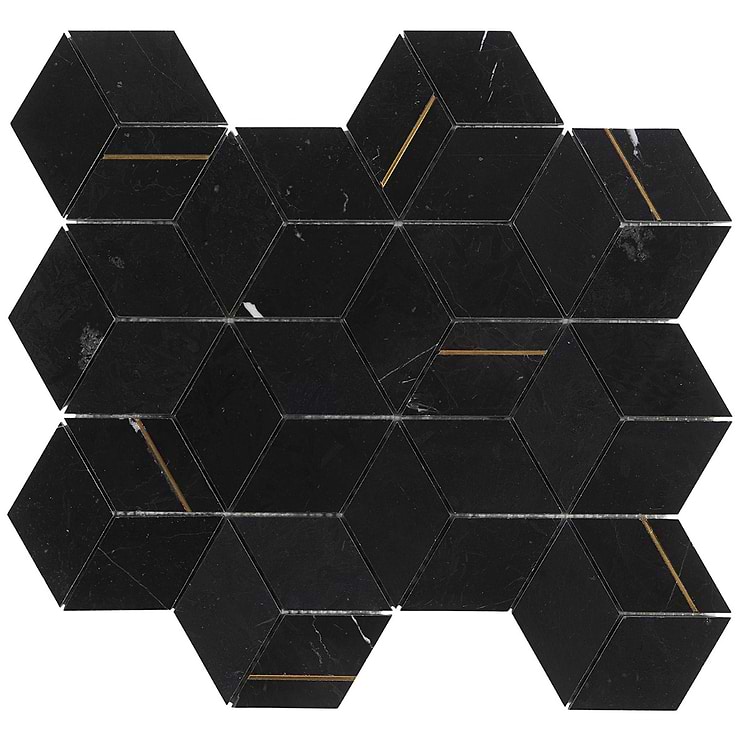 Morgana Nero Polished Marble and Brass Mosaic Tile