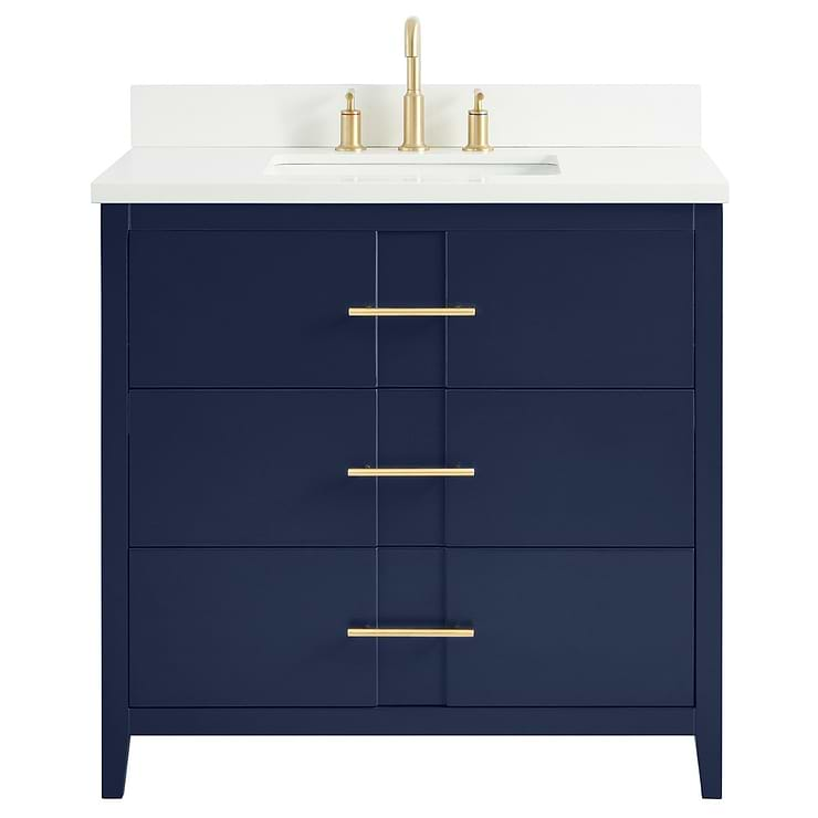 Iconic 36" Navy and Gold Vanity with Pure White Quartz Top and Ceramic Basin