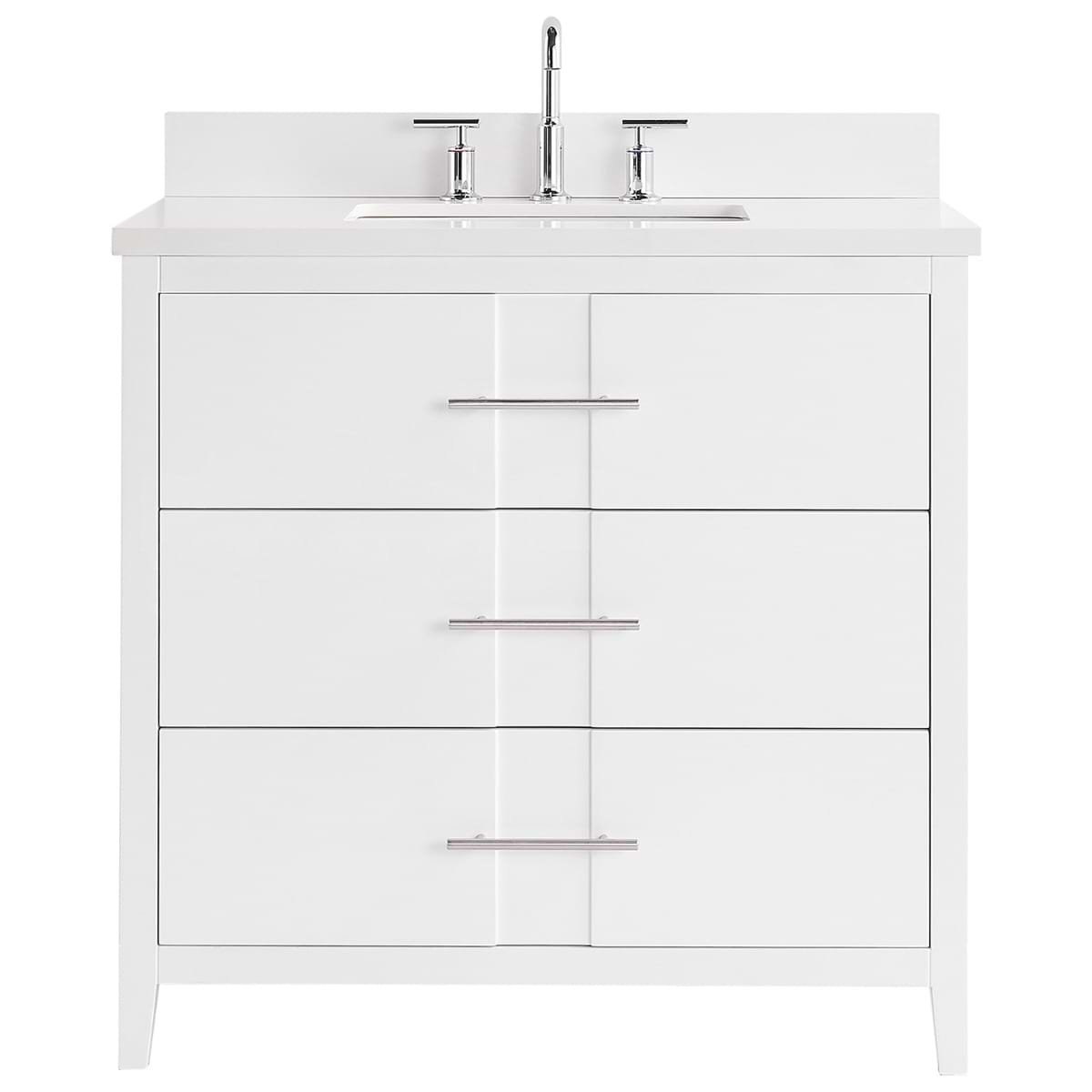 Iconic 36" White and Silver Vanity with Pure White Quartz Top and Ceramic Basin