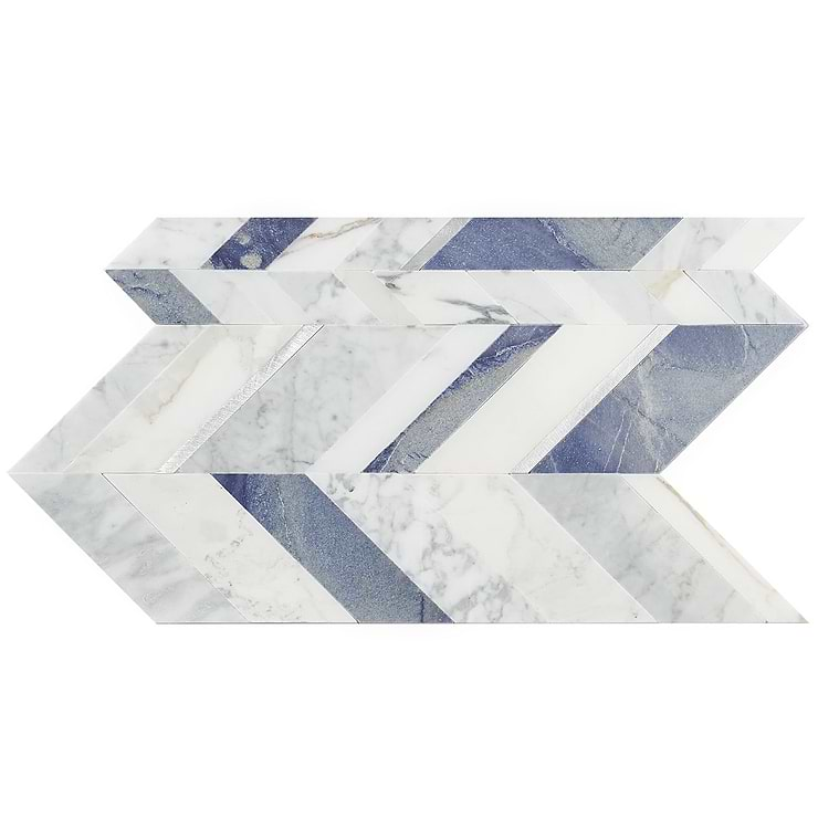 Amari Azur Polished Marble and Aluminum Chevron Mosaic Tile- Blue- White- Silver