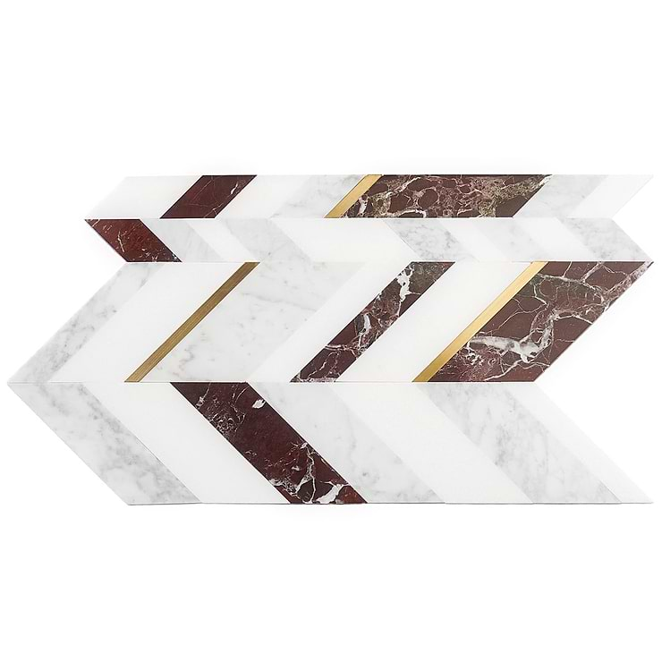 Amari Bordeaux Polished Marble and Brass Chevron Mosaic Tile