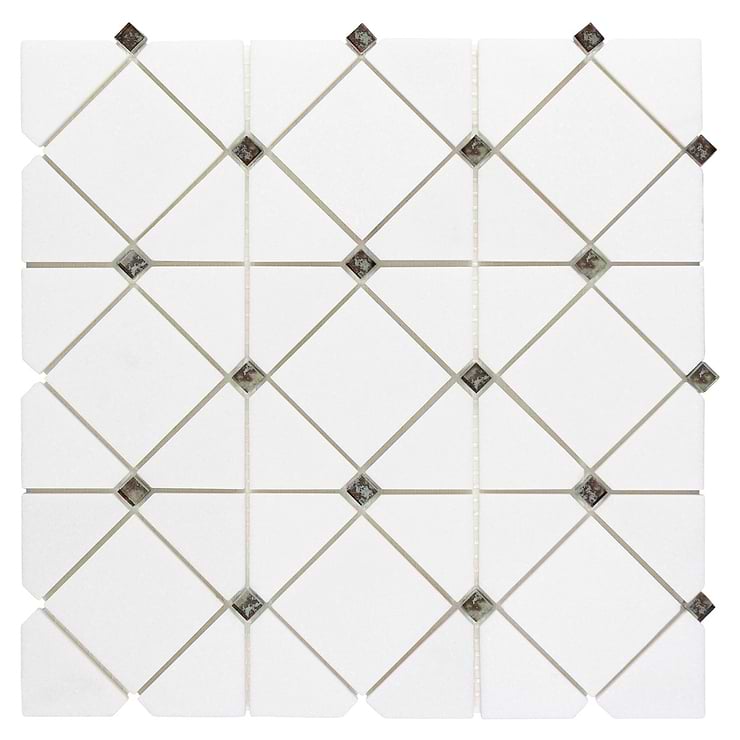 Euphoria Glass Limelight Silver Diamond Honed Thassos Marble Mosaic Tile