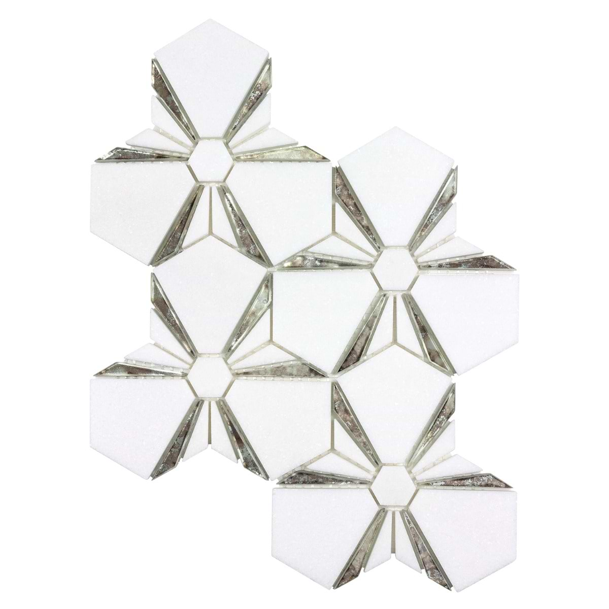 Euphoria Glass Arctic Silver Mixed Hexagon Polished Thassos Marble Mosaic Tile