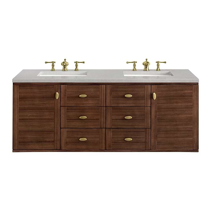 James Martin Vanities Amberly Mid-Century Walnut 60" Double Vanity with Eternal Serena Quartz Top