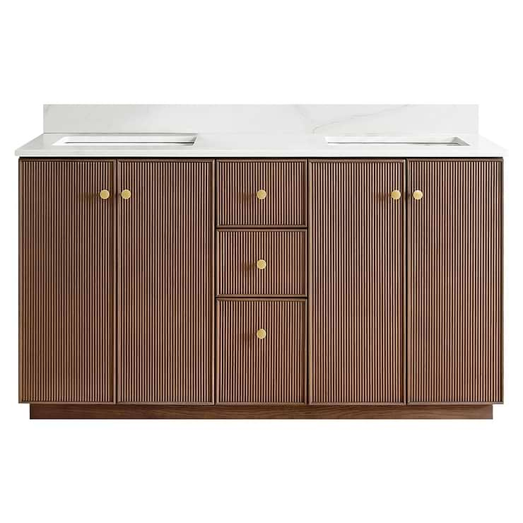 Florencia Brown Oak 60" Double Vanity with Pacific White Quartz Top