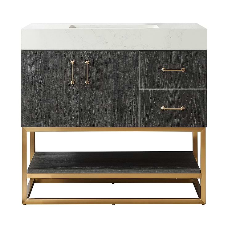 Ithica Black Oak 36" Single Vanity and Gold Hardware with Atlantic Stone Top