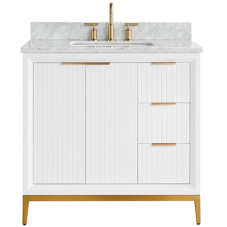 Bungalow White and Gold 36" Single Vanity with Carrara Marble Top
