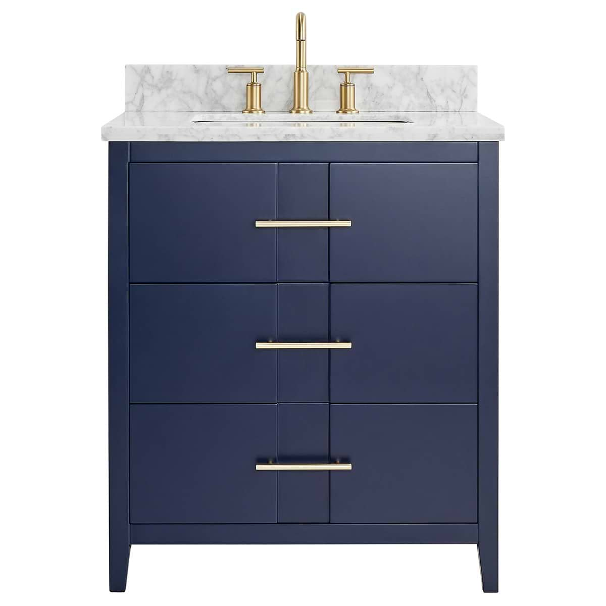 Iconic 30" Navy and Gold Vanity with Carrara Marble Top and Ceramic Basin