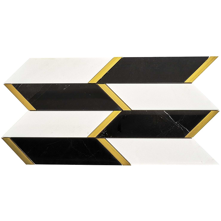 Fitz Classic Black & White Polished Marble & Brass Mosaic Tile