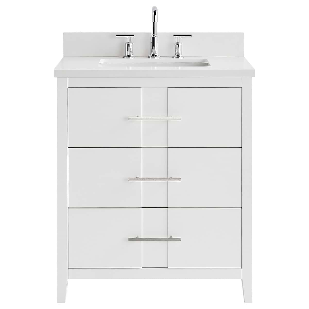 Iconic 30" White and Silver Vanity with Pure White Quartz Top and Ceramic Basin