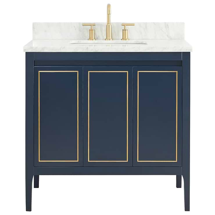 Province Navy and Gold 36" Single Vanity with Carrara Marble Top