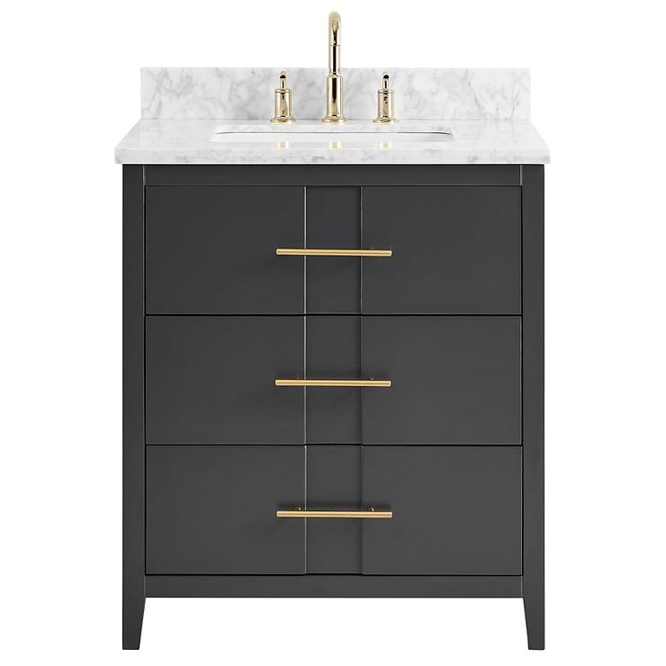 Iconic 30" Charcoal and Gold Vanity with Carrara Marble Top and Ceramic Basin