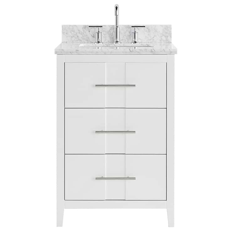 Iconic 24" White and Silver Vanity with Carrara Marble Top and Ceramic Basin