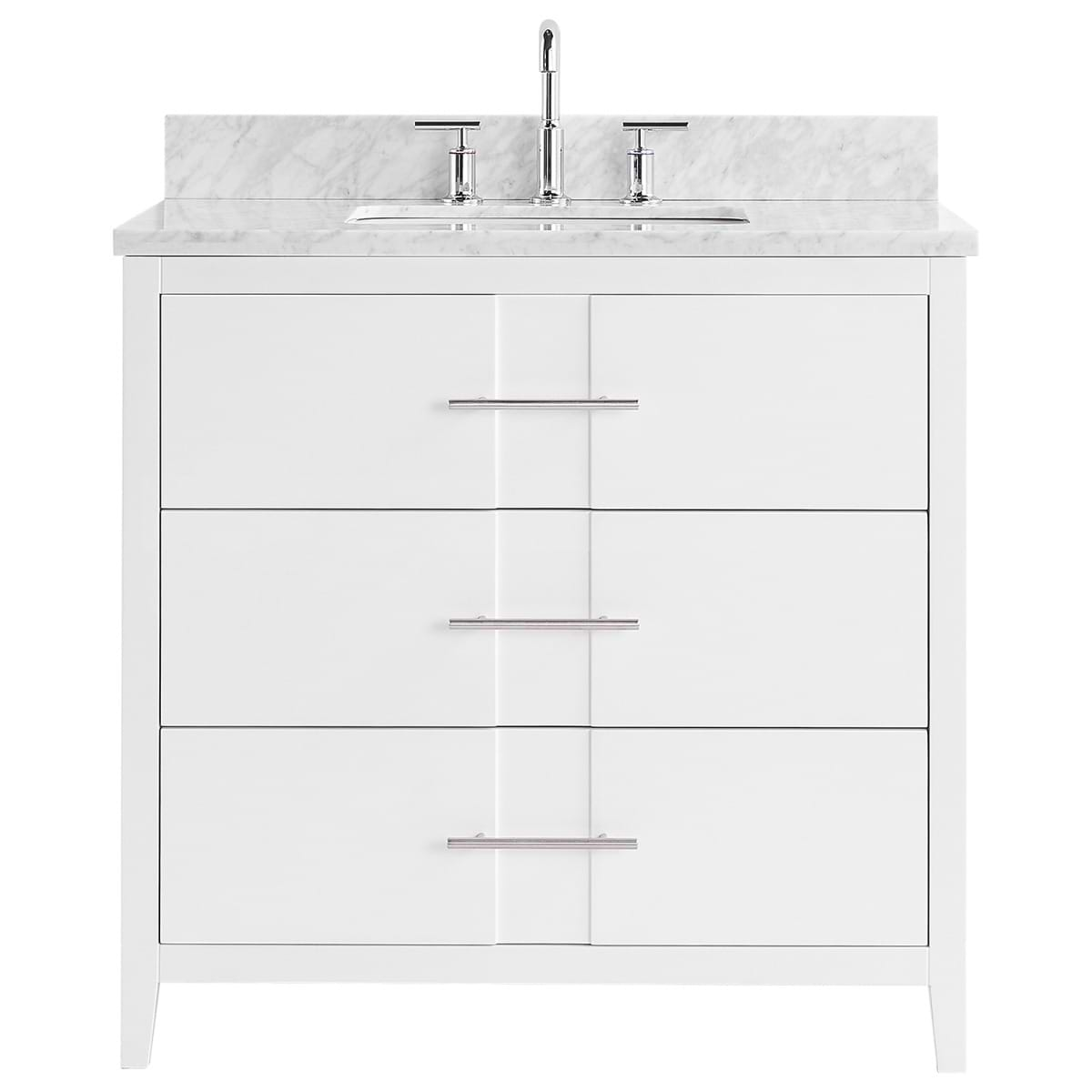 Iconic 36" White and Silver Vanity with Carrara Marble Top and Ceramic Basin