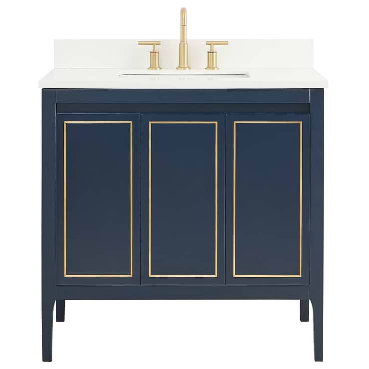 Province Navy and Gold 36" Single Vanity with Pure White Quartz Top 