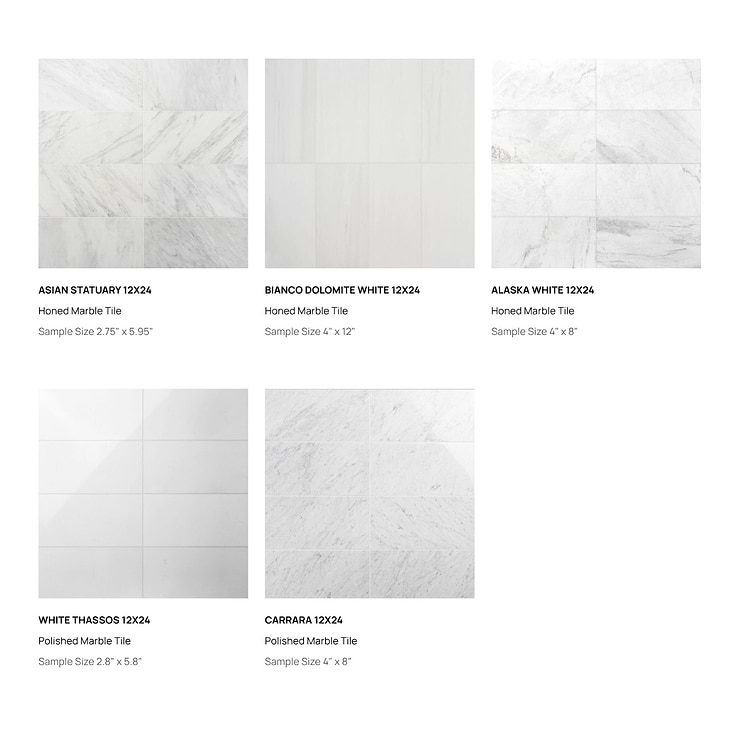 Top Selling White Marble 12x24 Bathroom Tiles Sample Bundle (5)