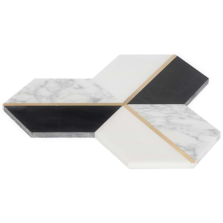 Decade Nero Blanco Polished Marble and Brass Mosaic Tile