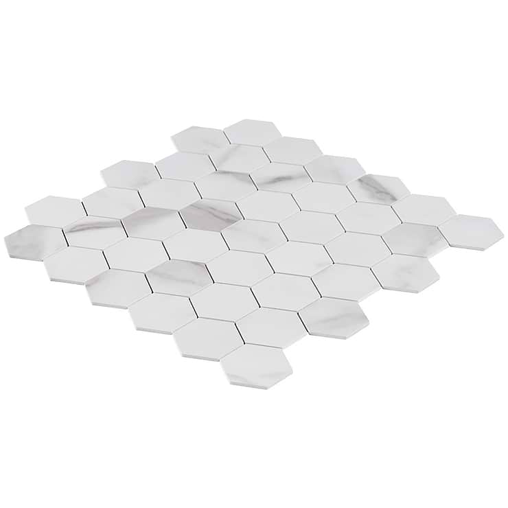 Calacatta White 2" Hexagon Peel & Stick Self Adhesive Marble Look Matte Mosaic Wall Tile