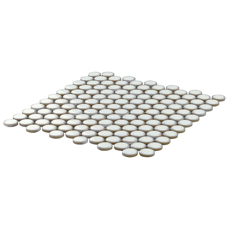 Nirvana Snow Rimmed 1" Penny Round White  Polished Porcelain Mosaic