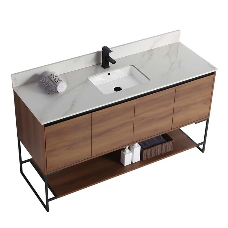 Amani 60" Walnut Brown Single Vanity with Sintered Stone Carrara Top