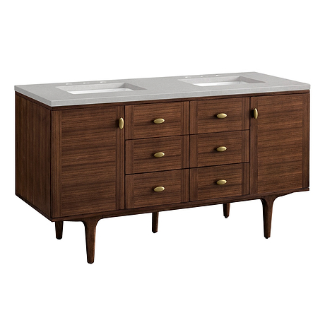 James Martin Vanities Amberly Mid-Century Walnut 60" Double Vanity with Eternal Serena Quartz Top