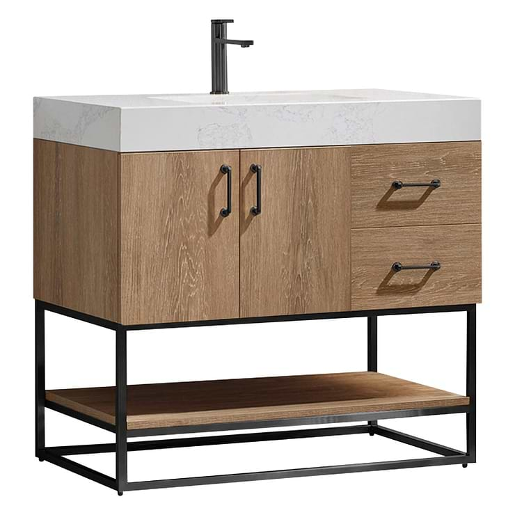 Ithica White Oak 36" Single Vanity and Black Hardware with Atlantic Stone Top