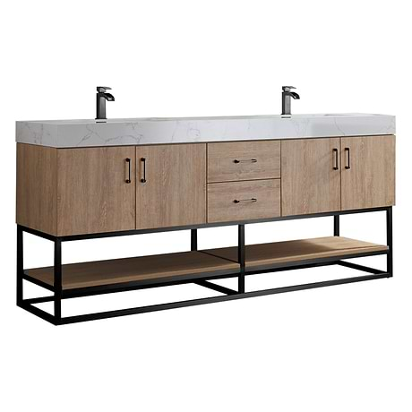 Ithica White Oak 72" Double Vanity and Black Hardware with Atlantic Stone Top