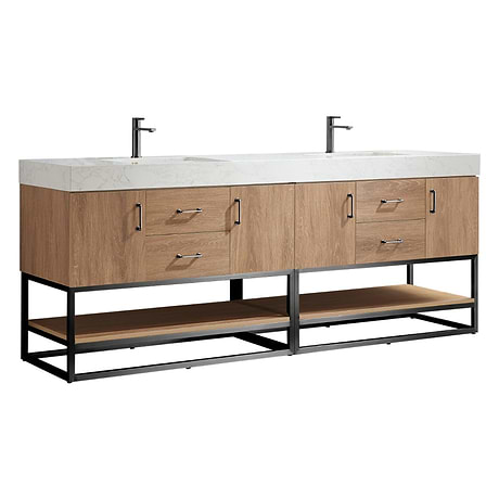 Ithica White Oak 84" Double Vanity and Black Hardware with Atlantic Stone Top