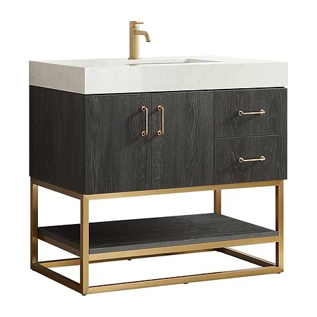 Ithica Black Oak 36" Single Vanity and Gold Hardware with Atlantic Stone Top