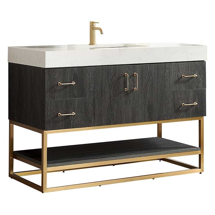 Ithica Black Oak 48" Single Vanity and Gold Hardware with Atlantic Stone Top