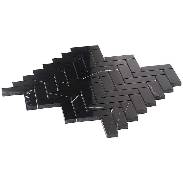 Nero Marquina 1x3 Herringbone Polished Marble Mosaic Tile