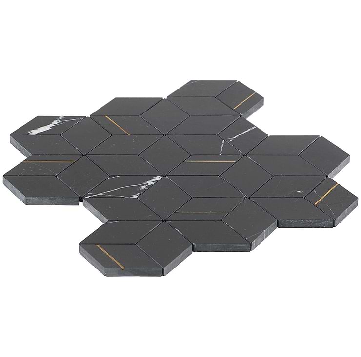 Morgana Nero Polished Marble and Brass Mosaic Tile