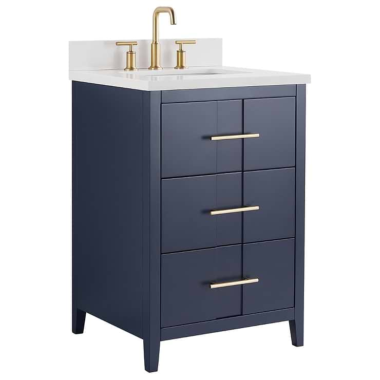 Iconic 24" Navy and Gold Vanity with Pure White Quartz Top and Ceramic Basin