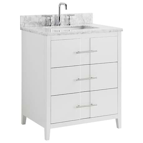 Iconic 30" White and Silver Vanity with Carrara Marble Top and Ceramic Basin