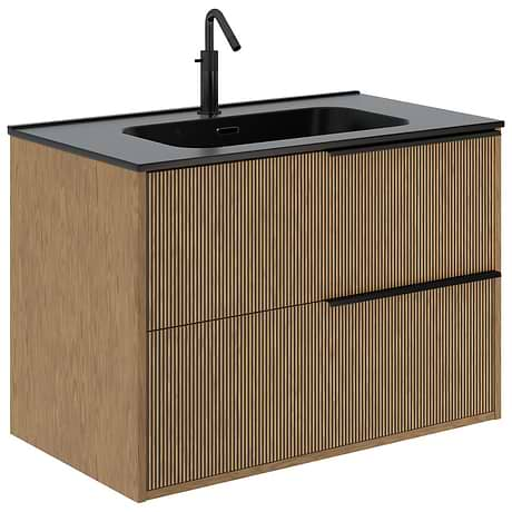 Kora Art Faux Fluted 32" Single Vanity with Integrated Black Ceramic Top & Black Handles