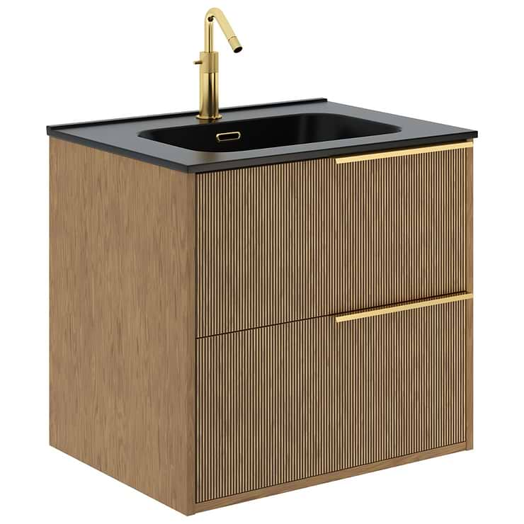 Kora Art Faux Fluted 24" Single Vanity with Integrated Black Ceramic Top & Gold Handles