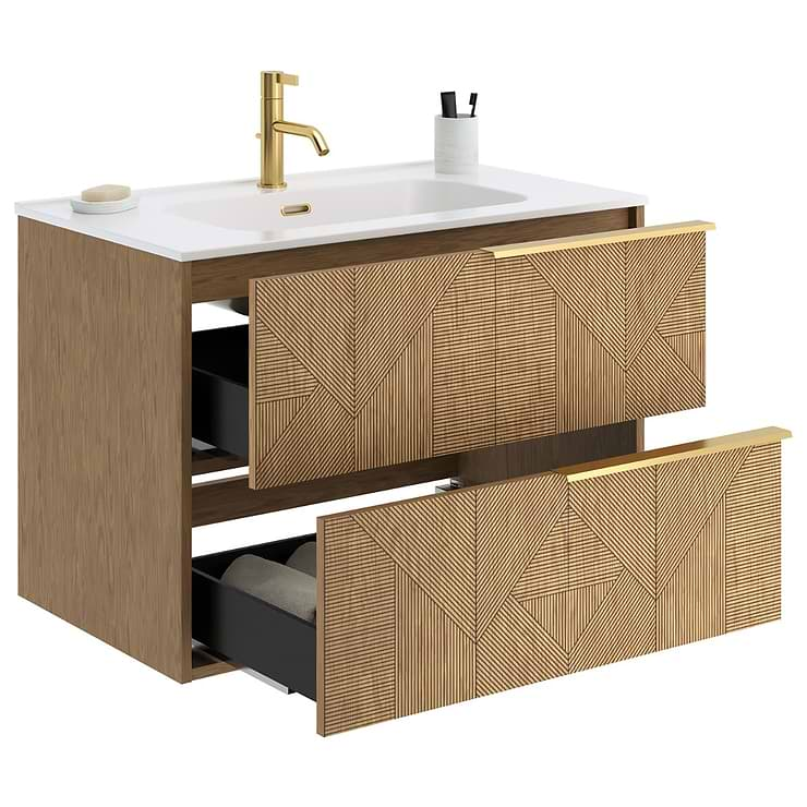 Kora Geo Faux Fluted 32" Single Vanity with Integrated White Ceramic Top & Gold Handles