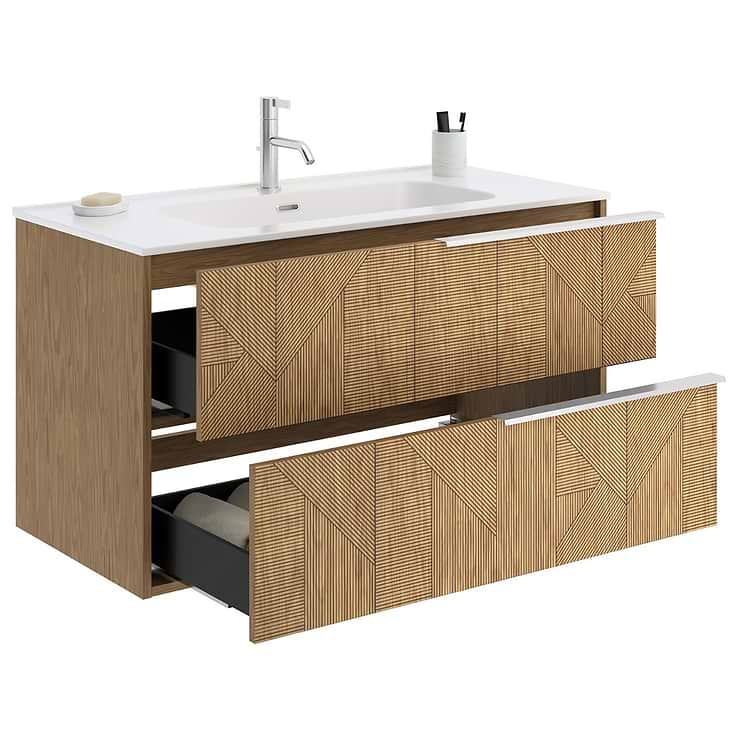 Kora Geo Faux Fluted 40" Single Vanity with Integrated White Ceramic Top & Silver Handles