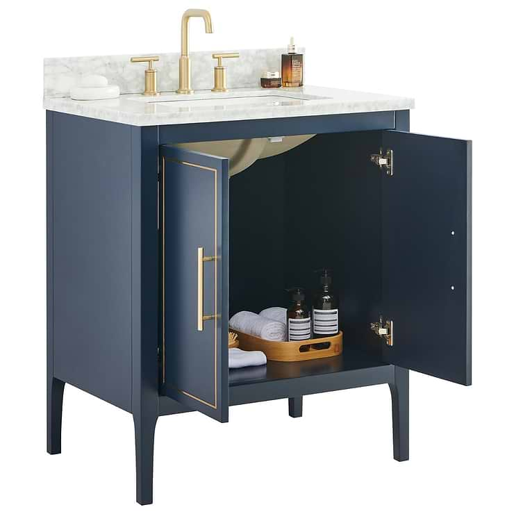 Province Navy and Gold 30" Single Vanity with Carrara Marble Top