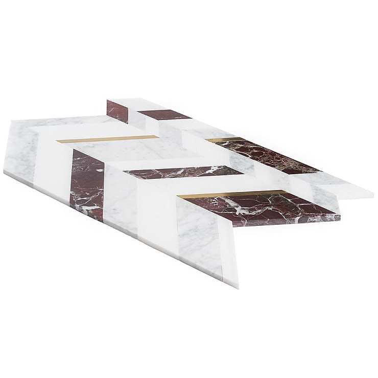 Amari Bordeaux Polished Marble and Brass Chevron Mosaic Tile