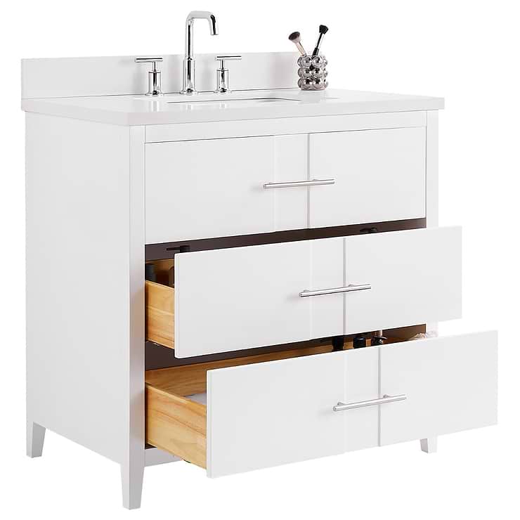 Iconic 36" White and Silver Vanity with Pure White Quartz Top and Ceramic Basin